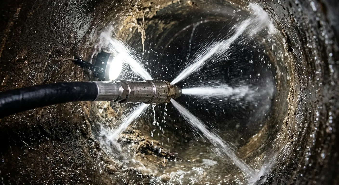 High-pressure hydro jetting nozzle cleaning sewer pipe for Emergency Drain Service in Hollis