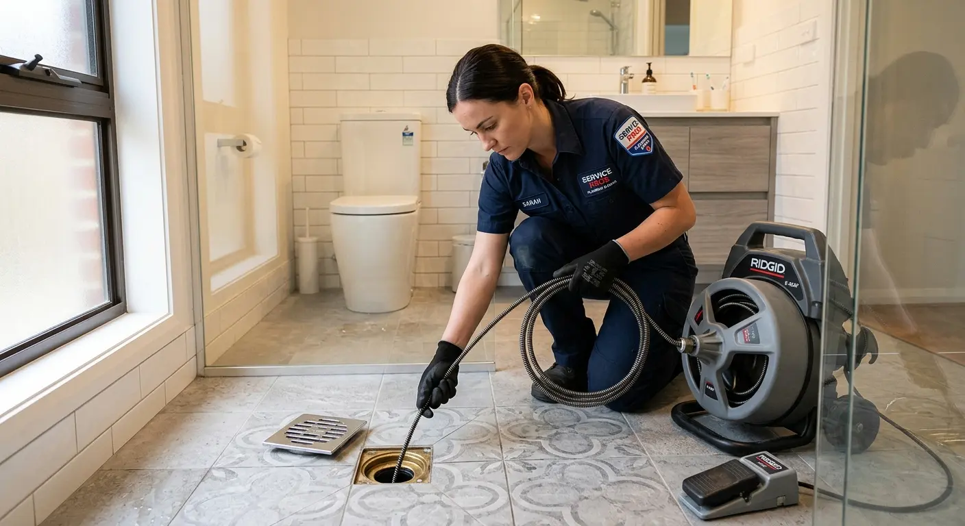 Technician clearing a bathroom floor drain for Drain Cleaning in Hollis